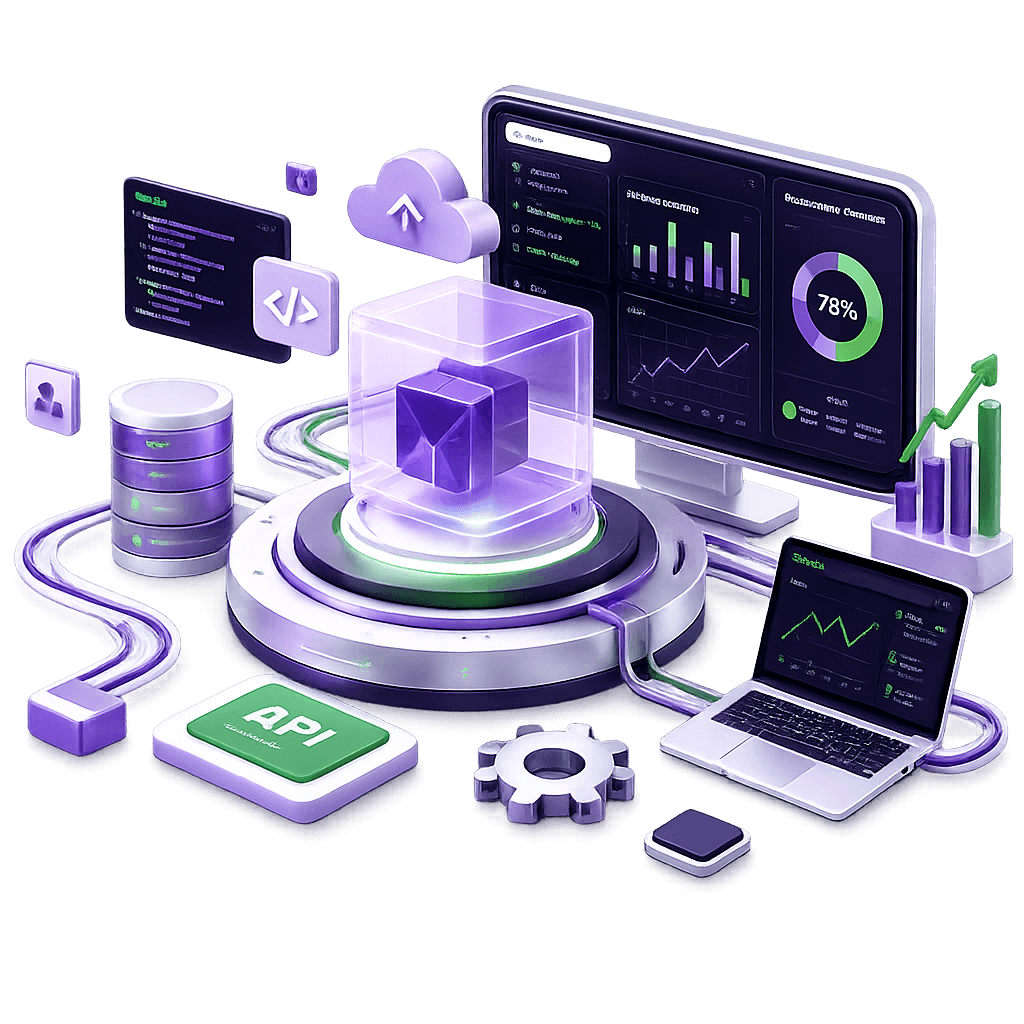 SmartWebify digital product ecosystem with dashboards, cloud infrastructure, APIs, databases, analytics, and connected devices
