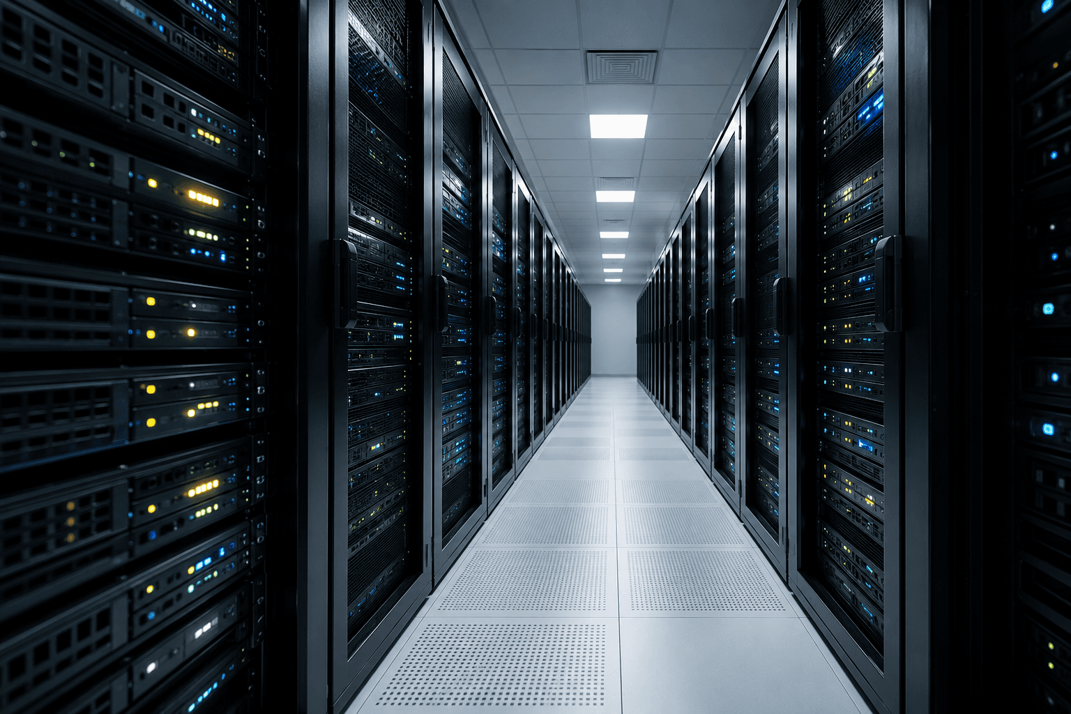 Server room and technology infrastructure representing a web app technology stack