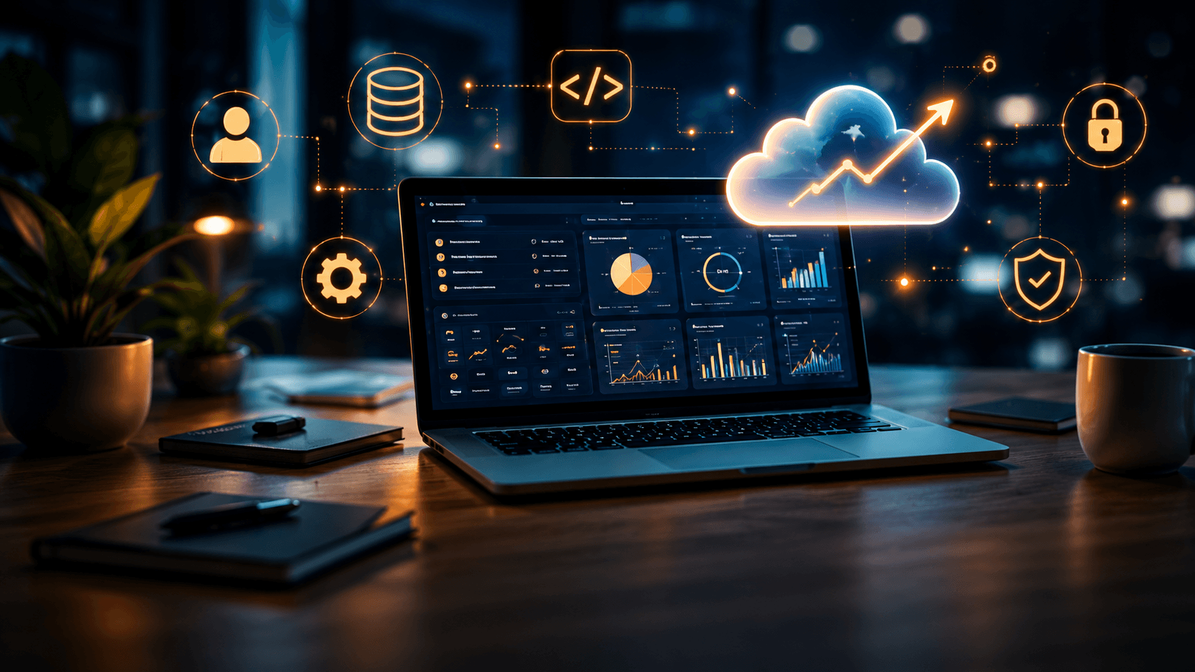 SaaS dashboard on a laptop with cloud, database, code, user, and security icons