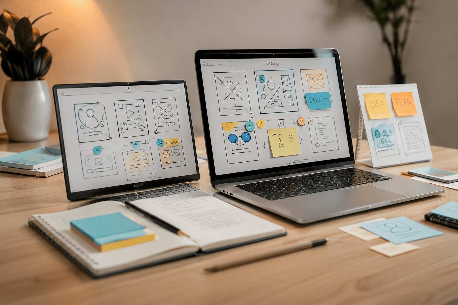 UI UX wireframes and product design screens on a workspace
